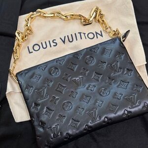 Louis Vuitton Black Embossed Clutch with Gold Chain